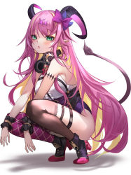 Rule 34 | 1girl, arm strap, asymmetrical horns, asymmetrical legwear, bare shoulders, blonde hair, blush, bow, bowtie, breasts, chest harness, commentary request, demon girl, demon horns, demon tail, fang, frilled cuffs, fuyouchu, green eyes, hair ornament, harness, headphones, headphones around neck, high heels, hololive, horn bow, horn ornament, horns, long hair, looking at viewer, mano aloe, multicolored hair, pink bow, pink bowtie, pink hair, pointy ears, shirt, sleeveless, sleeveless shirt, solo, tail, thigh strap, thighhighs, tiptoes, two-tone hair, uneven horns, uneven legwear, virtual youtuber, wrist cuffs