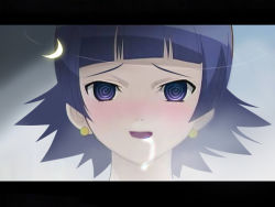 Rule 34 | 1girl, @ @, blue eyes, blush, crescent moon, earrings, futaba channel, glowing, jewelry, letterboxed, looking at viewer, moon, nijiura maids, nose blush, portrait, purple hair, saliva, short hair, solo, yakui