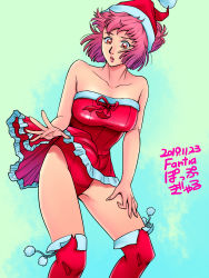 Rule 34 | bare arms, bare shoulders, boots, breasts, dress, hat, highres, laces, momo (mots), mots, panties, pink hair, red eyes, santa boots, santa costume, santa hat, short hair, simple background, solo, strapless, strapless dress, thighs, underwear, upskirt