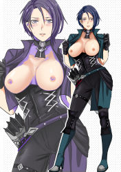 Rule 34 | 1girl, absurdres, arrow (projectile), belt, black gloves, blush, boots, breasts, breasts out, choker, corset, fire emblem, fire emblem: three houses, full body, gloves, green jacket, hayame (m ayame), highres, jacket, knee boots, knee pads, large breasts, lips, nintendo, nipples, pants, purple eyes, purple hair, quiver, shamir nevrand, short hair, solo, standing, sweat