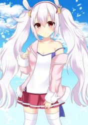 Rule 34 | 1girl, :&lt;, animal ears, azur lane, bare shoulders, blue sky, blush, camisole, closed mouth, cloud, collarbone, commentary request, day, fur-trimmed jacket, fur trim, hair between eyes, hair ornament, hairband, hand up, jacket, laffey (azur lane), long hair, long sleeves, looking at viewer, misaki (misaki86), off shoulder, open clothes, open jacket, outdoors, pink jacket, pleated skirt, rabbit ears, red eyes, red hairband, red skirt, sidelocks, silver hair, skirt, sky, sleeves past wrists, solo, thighhighs, twintails, very long hair, white camisole, white thighhighs