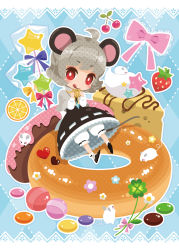 Rule 34 | 1girl, ahoge, animal, animal ears, blush, bow, candy, capelet, doughnut, female focus, food, fruit, heart, highres, long sleeves, mouse (animal), mouse ears, mouse tail, nanarinca, nazrin, red eyes, short hair, silver hair, sitting, solo, star (symbol), strawberry, tail, tongue, touhou
