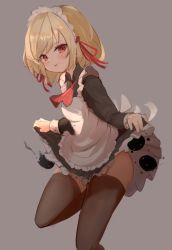 Rule 34 | 1girl, alternate costume, apron, blonde hair, clothes lift, dress, dress lift, enmaided, grey background, highres, lifted by self, maid, maid apron, maid headdress, red eyes, red ribbon, ribbon, rumia, skirt, skirt hold, skirt lift, solarisu, solo, thighhighs, touhou, white apron