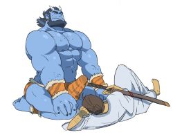 Rule 34 | 2boys, abs, ass, bara, bare pectorals, beard, blue hair, blue oni, blue oni (saltypoundcake), blue skin, bulge, chest hair, colored skin, couple, dark blue hair, erection, erection under clothes, facial hair, fang, full body, giant, giant male, horns, katana, large pectorals, loincloth, male focus, male underwear, monster boy, multiple boys, muscular, navel, nipples, oni, oni horns, orange male underwear, original, pectorals, pointy ears, saltypoundcake, sheath, sheathed, short hair, sitting, size difference, sweatdrop, sword, teasing, thick eyebrows, thick thighs, thighs, underwear, weapon, yaoi