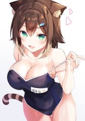 Rule 34 | 1girl, absurdres, animal ear fluff, animal ears, bad id, bad pixiv id, black one-piece swimsuit, breasts, brown hair, cat tail, cleavage, collarbone, commentary request, covered navel, cowboy shot, fish hair ornament, fumino tamaki, goroo (eneosu), green eyes, hair ornament, hairclip, heart, highres, large breasts, looking at viewer, name tag, nijisanji, one-piece swimsuit, open mouth, school swimsuit, sidelocks, simple background, smile, solo, standing, striped tail, swimsuit, tail, thighs, virtual youtuber, white background