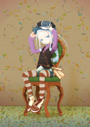 Rule 34 | 1girl, arms up, blue eyes, braid, chair, cross-laced footwear, forehead, green upholstery, hat, looking at viewer, original, pantyhose, patterned legwear, ribbed sweater, short hair, shorts, silver hair, siraume11, sitting, socks, striped clothes, striped pantyhose, sweater, twin braids, two-tone stripes, vest