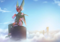 Rule 34 | 1boy, android, blue sky, cloud, dated, day, gloves, green eyes, green legwear, sage harpuia (mega man), helmet, highres, knee up, looking at viewer, male focus, mega man (series), mega man zero (series), nanquan zhanglang, outdoors, red eyes, signature, sitting, sky, solo, sword, weapon, white gloves, winged helmet