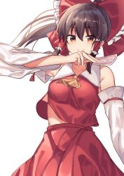 Rule 34 | 1girl, bad id, bad pixiv id, bare shoulders, blush, bow, brown hair, detached sleeves, hair between eyes, hair bow, hair tubes, hakurei reimu, hand up, highres, holding, kmuccu, looking at viewer, midriff, navel, nontraditional miko, ponytail, red bow, red eyes, red skirt, red vest, sidelocks, simple background, skirt, smile, solo, talisman, touhou, vest, vest lift, white background, white sleeves, wide sleeves, wind, wind lift, yellow neckwear