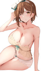 Rule 34 | 1girl, atelier (series), atelier ryza, atelier ryza 2, azur lane, bare shoulders, black bow, blush, bow, breasts, brown eyes, brown hair, camisole, cleavage, hair bow, hairband, highres, itete, large breasts, looking at viewer, lying, navel, one eye closed, panties, reisalin stout, reisalin stout (late night alchemist), short hair, sitting, smile, solo, thighs, underwear, white panties, yellow camisole
