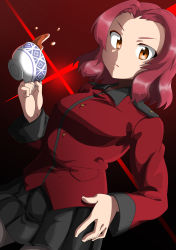Rule 34 | 10s, 1girl, absurdres, black background, black skirt, brown eyes, closed mouth, commentary request, cowboy shot, cup, dutch angle, girls und panzer, hand on own hip, highres, holding, jacket, long sleeves, looking at viewer, military, military uniform, miniskirt, myon2, parted bangs, pleated skirt, red hair, red jacket, rosehip (girls und panzer), short hair, simple background, skirt, solo, spilling, standing, tea, teacup, uniform