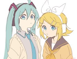 Rule 34 | 2girls, ahoge, aqua eyes, aqua hair, aqua necktie, black sailor collar, blonde hair, blue eyes, bow, brown cardigan, cardigan, closed mouth, commentary, dot nose, expressionless, grey shirt, hair bow, hair ornament, hairclip, hatsune miku, headphones, highres, kagamine rin, long hair, looking at viewer, m0ti, multiple girls, neckerchief, necktie, orange neckerchief, orange sweater, sailor collar, shirt, short hair, simple background, sketch, sweater, swept bangs, twintails, twitter username, upper body, very long hair, vocaloid, white background, white bow