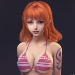 Rule 34 | 1girl, arms at sides, bikini, bikini top only, breasts, brown eyes, cleavage, collarbone, highres, large breasts, long hair, looking at viewer, nami (one piece), one piece, orange hair, pink bikini, shadow, shousizhe, simple background, solo, standing, sweat, swimsuit, tattoo, underboob, upper body, wet