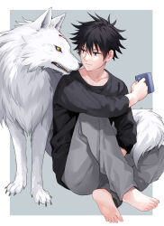 Rule 34 | 1boy, animal, barefoot, black hair, black shirt, closed mouth, commentary request, cup, eye contact, fushiguro megumi, grey background, grey eyes, grey pants, hair between eyes, highres, holding, holding cup, jujutsu kaisen, kurasawa moko, long sleeves, looking at another, male focus, mug, pants, shirt, sitting, smile, solo, two-tone background, white background, wolf, yellow eyes