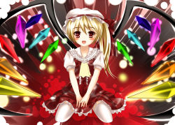 Rule 34 | 1girl, artist request, bad id, bad pixiv id, blonde hair, embodiment of scarlet devil, female focus, flandre scarlet, full body, hat, ikeda yuuki, mob cap, ponytail, red eyes, short hair, side ponytail, solo, thighhighs, touhou, white hat, wings