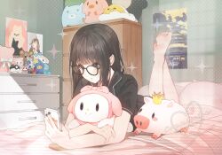 Rule 34 | 1girl, absurdres, barefoot, bed, black-framed eyewear, black eyes, black hair, blush, bow, cellphone, commission, drawer, figure, glasses, highres, holding, holding phone, holding stuffed toy, lying, hugging object, on bed, on stomach, original, patch oxxo, phone, pig, pillow, poke ball, puppet, soles, solo, stuffed toy, the pose