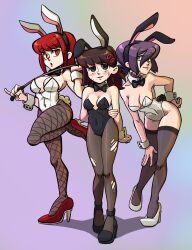 Rule 34 | 3girls, absurdres, animal ears, arms behind back, black bow, black bowtie, black leotard, blush, bow, bowtie, braid, braided ponytail, breasts, brown hair, chainsaw man, fake animal ears, fake tail, fishnet pantyhose, fishnets, gradient background, hair bow, hair ornament, hairclip, higashiyama kobeni, high heels, highres, holding, holding riding crop, leaning forward, leotard, looking at viewer, madamerinrin, makima (chainsaw man), medium breasts, medium hair, multiple girls, open mouth, pantyhose, playboy bunny, purple hair, rabbit ears, rabbit tail, red eyes, red hair, reze (chainsaw man), riding crop, short hair, short ponytail, sidelocks, single sidelock, skullgirls, small breasts, standing, standing on one leg, strapless, strapless leotard, sweat, tail, thighhighs, torn clothes, torn pantyhose, white leotard, wrist cuffs