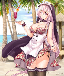 Rule 34 | 1girl, argyle, argyle bikini, argyle clothes, argyle skirt, artist name, beach, bikini, bikini skirt, black thighhighs, breasts, choker, clothes lift, cloud, cocktail umbrella, cowboy shot, cup, day, drink, drinking glass, drinking straw, exeter (warship girls r), food, frilled choker, frilled thighhighs, frills, fruit, graphite (medium), habit, hair between eyes, heart, heart-shaped pupils, highres, holding, holding tray, large breasts, lemon, lemon slice, lifting own clothes, long hair, looking at viewer, ocean, onceskylark, outdoors, palm tree, purple eyes, purple hair, side-tie bikini bottom, skirt, skirt lift, sky, smile, solo, swimsuit, symbol-shaped pupils, thighhighs, thighs, traditional media, tray, tree, underbust, very long hair, warship girls r, wind
