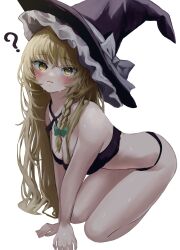 Rule 34 | 1girl, ?, all fours, black bra, black panties, black ribbon, blonde hair, blush, bow, bra, breasts, cleavage, commentary request, d:, embarrassed, full body, green bow, hair between eyes, hair bow, hair over shoulder, hair ribbon, hat, hat bow, highres, kirisame marisa, long hair, medium breasts, mikan (manmarumikan), open mouth, panties, parted lips, ribbon, simple background, solo, sweat, teeth, touhou, tress ribbon, underwear, very long hair, white background, white bow, witch hat, yellow eyes