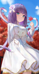Rule 34 | 1girl, absurdres, arm behind back, autumn, autumn leaves, breasts, chrysa ( sa0ru), closed mouth, cloud, commentary request, cowboy shot, day, dress, flower, green eyes, hair flower, hair ornament, highres, holding, holding leaf, leaf, long sleeves, looking at viewer, lume sangria (chrysa), maple leaf, medium breasts, medium hair, original, outdoors, purple hair, smile, snake, solo, standing, white dress