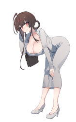 Rule 34 | 1girl, ahoge, aningay, bent over, blush, braid, breasts, brown hair, cleavage, closed mouth, collarbone, commentary request, cropped jacket, dongtan dress, dress, dsr-50 (girls&#039; frontline), full body, girls&#039; frontline, grey dress, grey footwear, grey jacket, hair ornament, hair rings, high heels, highres, jacket, korean commentary, large breasts, long hair, meme attire, open clothes, open jacket, red eyes, shoes, sidelocks, simple background, smile, solo, white background