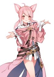 Rule 34 | 10s, 1girl, ahoge, animal ears, bare legs, blush, cat ears, child, dress, final fantasy, final fantasy xiv, haijin, long hair, long sleeves, looking at viewer, miqo&#039;te, pink eyes, pink hair, popoccpo, sidelocks, sleeves past wrists, slit pupils, smile, solo, t&#039;kebbe, tail, twintails