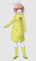 Rule 34 | 1girl, absurdres, ahoge, aino heart, arcana heart, boots, coat, hair between eyes, highres, knee boots, long sleeves, looking at viewer, medium hair, memory (prophet5), pink eyes, pink hair, raincoat, rubber boots, rubber duck, smile, solo, white background, white legwear, yellow coat, yellow footwear