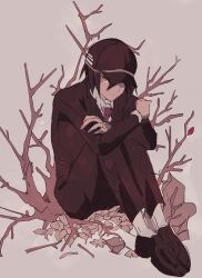 Rule 34 | 1boy, black hair, black jacket, branch, closed mouth, commentary request, crossed arms, danganronpa (series), danganronpa v3: killing harmony, hair between eyes, harunotano, hat, hat over one eye, hugging own legs, jacket, knees up, leaf, legs together, long sleeves, looking at viewer, male focus, monochrome, necktie, saihara shuichi, school uniform, sepia, short hair, simple background, sitting, sketch, solo, yellow eyes