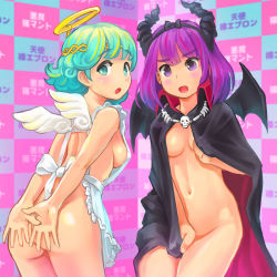 Rule 34 | 2girls, angel wings, apron, aqua eyes, aqua hair, ass, bow, breasts, cape, cosplay, covering privates, covering ass, covering breasts, covering crotch, demon horns, demon wings, halo, himeshaga, horns, multiple girls, naked apron, naked cape, necklace, original, public indecency, public nudity, purple eyes, purple hair, short hair, sideboob, skull necklace, step and repeat, wings
