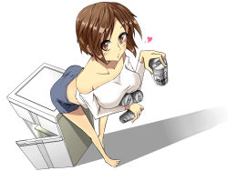 Rule 34 | 1girl, alcohol, barefoot, beer, breasts, heart, highres, large breasts, meiko (vocaloid), passingpleasures, perspective, short hair, shorts, solo, vocaloid