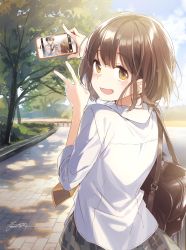 Rule 34 | 1boy, 1girl, :d, artist name, bag, blouse, booota, bottle, brown eyes, brown hair, cellphone, commentary request, day, holding, long sleeves, looking at viewer, moriyama rin, necktie, nidome no natsu nidoto aenai kimi, open mouth, phone, fake phone screenshot, shirt, short hair, signature, skirt, smartphone, smile, tree, v, white shirt, yellow necktie