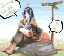 Rule 34 | 1girl, blue eyes, blue sky, boots, brown footwear, day, english text, full body, gun, holding, holding weapon, knee boots, looking at viewer, musical note, outdoors, quaver, ragnarok online, ribbon, road sign, shigen, sign, sky, solo, speech bubble, spoken musical note, swordsman (fgo516824681), swordsman (ragnarok online), talking, text focus, weapon