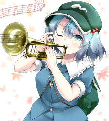 Rule 34 | 1girl, backpack, bag, blush, breasts, closed mouth, green hat, hat, highres, holding, holding instrument, instrument, kagiyama shachou, kawashiro nitori, large breasts, looking at viewer, music, one eye closed, playing instrument, short hair, short sleeves, short twintails, smile, solo, touhou, trumpet, twintails