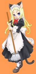 Rule 34 | 1girl, animal ears, broom, cat ears, cat tail, female focus, full body, maid, mop, shoes, simple background, solo, standing, tail