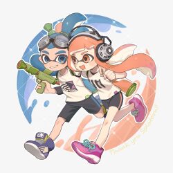 Rule 34 | 1boy, 1girl, :d, bike shorts, black shorts, blue eyes, blue hair, blush stickers, clenched hand, commentary request, copyright name, cross-laced footwear, full body, goggles, goggles on head, grin, hair tie, hand on another&#039;s shoulder, headphones, highres, holding, holding weapon, ink tank (splatoon), inkling boy, inkling girl, inkling player character, kyaiware, layered shirt, long hair, long sleeves, looking at another, nintendo, open mouth, orange eyes, orange hair, outline, pink footwear, ponytail, print shirt, purple footwear, running, shirt, shoes, short sleeves, shorts, smile, sneakers, splatoon (series), splatoon 1, splattershot (splatoon), suction cups, tentacle hair, thank you, thick eyebrows, twintails, very long hair, weapon, white background, white outline, white shirt