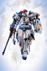 Rule 34 | backlighting, blue eyes, commentary, damaged, english commentary, gun, gundam, gundam wing, justin currie (chasingartwork), mecha, mohawk, no humans, rifle, robot, shield, solo, tallgeese, weapon, zoom layer