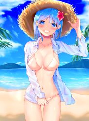 Rule 34 | 1girl, absurdres, bad id, bad pixiv id, beach, beige bikini, bikini, blue eyes, blue hair, blue sky, blush, breasts, cloud, collarbone, collared shirt, commentary request, day, dress shirt, flower, grin, hair flower, hair ornament, hand on headwear, hat, heart, heart in eye, highres, long sleeves, looking at viewer, medium breasts, moubokobokodayo, navel, ocean, open clothes, open shirt, original, outdoors, palm tree, pink bikini, shirt, sky, smile, solo, standing, straw hat, swimsuit, symbol in eye, tree, water, white shirt, wind, wings
