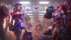 Rule 34 | 3boys, 3girls, against wall, alternate costume, american football uniform, amumu, armor, artist request, bagpack, belt, black hair, blonde hair, blue hair, book, boots, bottle, bracelet, breasts, caitlyn (league of legends), character request, hallway, creature, cupcake, curls, dark-skinned female, dark skin, drinking straw, facial tattoo, fishnets, flirting, food, frizzy hair, gauntlets, gloves, gradient hair, hair ornament, hat, heart, heartache vi, heartthrob caitlyn, highres, holding, horns, jewelry, large breasts, league of legends, lipstick, locker, long hair, looking at another, looking to the side, makeup, medium breasts, multicolored hair, multiple boys, multiple girls, necklace, on floor, one eye covered, one leg raised, pearl necklace, punk hair, red eyes, rejection, sad, school, school uniform, shield, short hair, shorts, skirt, source request, spiked bracelet, spiked gauntlets, spiked hair, spiked tiara, spikes, sportswear, straw, tattoo, twintails, vi (league of legends), water bottle, yuri