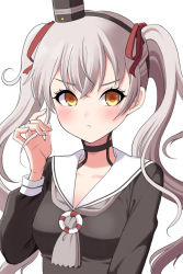 Rule 34 | 1girl, alternate hairstyle, amatsukaze (kancolle), brown dress, choker, dress, grey neckerchief, hair ribbon, hat, highres, kantai collection, lifebuoy ornament, long hair, looking at viewer, mini hat, neckerchief, ribbon, sailor collar, silver hair, smokestack hair ornament, solo, twintails, upper body, white background, white sailor collar, yomogi dango