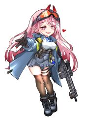 Rule 34 | 1girl, ascot, blush, breasts, checkered ascot, earrings, eyewear on head, full body, girls&#039; frontline, gloves, godgamesc2, gun, hair ornament, hairclip, heart, heart earrings, highres, jacket, jewelry, large breasts, long hair, looking at viewer, mole, mole under eye, open mouth, orange goggles, pink hair, police, police uniform, red eyes, rifle, safety glasses, shirt, sig mcx, sig mcx (girls&#039; frontline), skirt, smile, solo, uniform, weapon, white background, white shirt