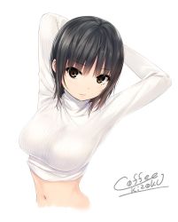 Rule 34 | 1girl, aoyama sumika, arms up, artist name, black hair, breasts, brown eyes, clothes lift, coffee-kizoku, cropped torso, highres, large breasts, light smile, long sleeves, looking at viewer, medium hair, midriff, navel, original, ribbed sweater, shirt lift, simple background, solo, sweater, turtleneck, turtleneck sweater, white background