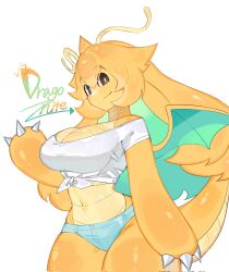 Rule 34 | antennae, bare shoulders, blonde hair, breasts, claws, cleavage, colored skin, creatures (company), dragon girl, dragon tail, dragon wings, dragonite, furry, furry female, game freak, gen 1 pokemon, green hair, highres, large breasts, looking at viewer, multicolored hair, nintendo, off shoulder, pokemon, pokemon (creature), reptile girl, shirt, short shorts, shorts, smile, striped, tail, tied shirt, togetoge, wings, yellow skin