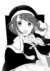 Rule 34 | 1girl, :o, arm behind head, arm up, beret, black background, capelet, greyscale, hat, long sleeves, looking at viewer, maru (memoriatechnica), monochrome, open mouth, original, shirt, solo, two-tone background, upper body, white background