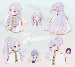 Rule 34 | 1boy, 2girls, blue hair, blue jacket, blush, braid, capelet, character name, closed eyes, closed mouth, commentary request, earrings, elf, eyelashes, fern (sousou no frieren), frieren, green eyes, grey hair, hair brush, hand up, himmel (sousou no frieren), holding, holding hair brush, jacket, jewelry, long hair, multiple girls, multiple views, pointy ears, puff of air, purple hair, rei hinketsu, smile, sousou no frieren, sparkle, twin braids, white capelet