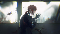 Rule 34 | 1girl, absurdres, artpaji, black coat, blood, blood splatter, blurry, braid, braided ponytail, chainsaw man, chromatic aberration, coat, formal, gloves, hair over mouth, highres, looking at viewer, looking back, makima (chainsaw man), medium hair, putting on gloves, red hair, ringed eyes, sidelocks, sideways glance, solo, suit, window, yellow eyes