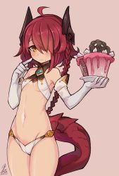 Rule 34 | 1girl, :t, ahoge, bare shoulders, blush, braid, breasts, brown eyes, cake, dated, elbow gloves, food, food on face, gloves, hair ornament, hair over one eye, headpiece, mou tama maru, navel, pink background, red hair, short hair with long locks, side braid, simple background, small breasts, solo, tail, underboob, white gloves