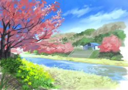 Rule 34 | barn, blue sky, cherry blossoms, cloud, commentary request, day, flower, grass, highres, hill, hirota (masasiv3), nature, no humans, outdoors, river, scenery, sky, stairs, tree