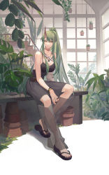 Rule 34 | 1girl, absurdres, alternate costume, arknights, belt, black belt, black camisole, black footwear, bracelet, breasts, camisole, chinese commentary, choker, cleavage, closed mouth, detached pants, detached sleeves, eyelashes, flower pot, full body, green hair, greenhouse, grey pants, hair between eyes, hanging plant, highres, horns, hoshiguma (arknights), jewelry, knee cutout, light smile, long hair, looking at viewer, medium breasts, multiple rings, mumu (leelee mumu), nail polish, necklace, orange eyes, pants, plant, ponytail, potted plant, red choker, red nails, ring, sandals, see-through pants, sidelocks, single horn, single sleeve, sitting, skin-covered horns, smile, solo, strap, studded belt, toenail polish, toenails, wristband
