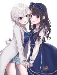 Rule 34 | 10s, 2girls, absurdres, anastasia (idolmaster), bad id, bad pixiv id, black hair, blue eyes, bow, cowboy shot, dress, earrings, hair bow, highres, holding hands, idolmaster, idolmaster cinderella girls, jewelry, lolita fashion, long hair, looking at viewer, misumi (macaroni), multiple girls, nail polish, open mouth, red nails, sailor collar, short hair, shorts, silver hair, simple background, smile, uesaka sumire, voice actor, voice actor connection, white background