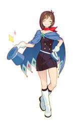Rule 34 | 1girl, ace attorney, black dress, blue cape, blue hat, boots, brown hair, cape, closed eyes, commentary request, dress, earrings, gloves, grin, hand on own hip, hat, highres, jewelry, long hair, pagye, red scarf, scarf, single earring, smile, solo, top hat, trucy wright, unworn hat, unworn headwear, white footwear, white gloves