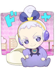Rule 34 | 1girl, baby, blue bow, blue eyes, blue hair, bow, checkered floor, closed mouth, colored eyelashes, commentary request, doyagao, drawer, full body, hair bow, headphones, janis (pripara), looking at viewer, moudoku (decopon3rd), ponytail, potty, pretty series, pripara, short hair, sitting, smile, smug, solo, translation request